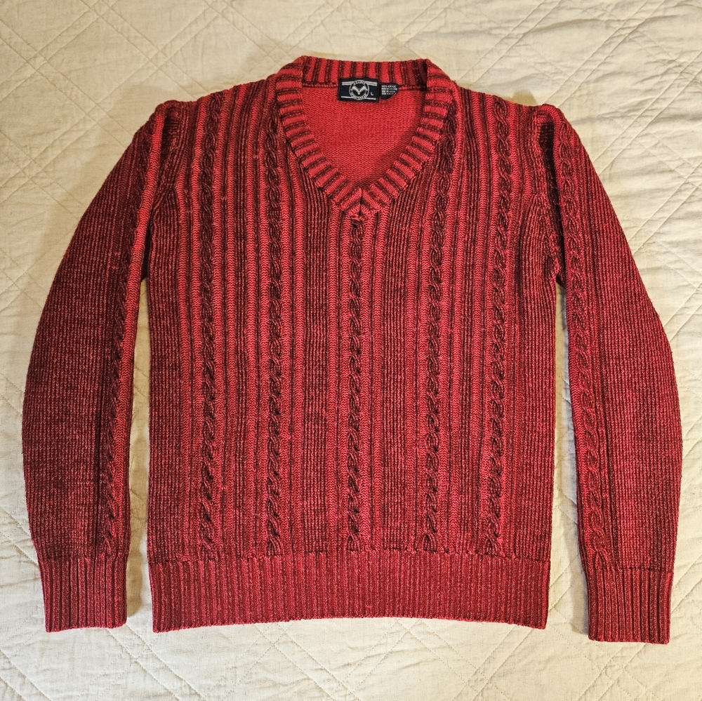 Large Vintage Red Cable Knit V-Neck Sweater